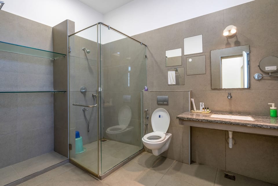 Shower, towels, toilet paper