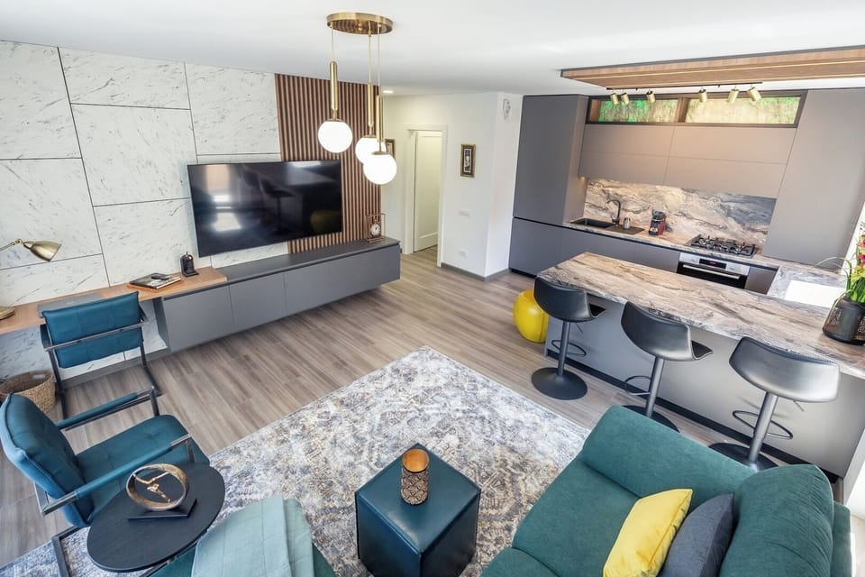Open space living room and fully equipped kitchen with a panoramic view of the park and mountain