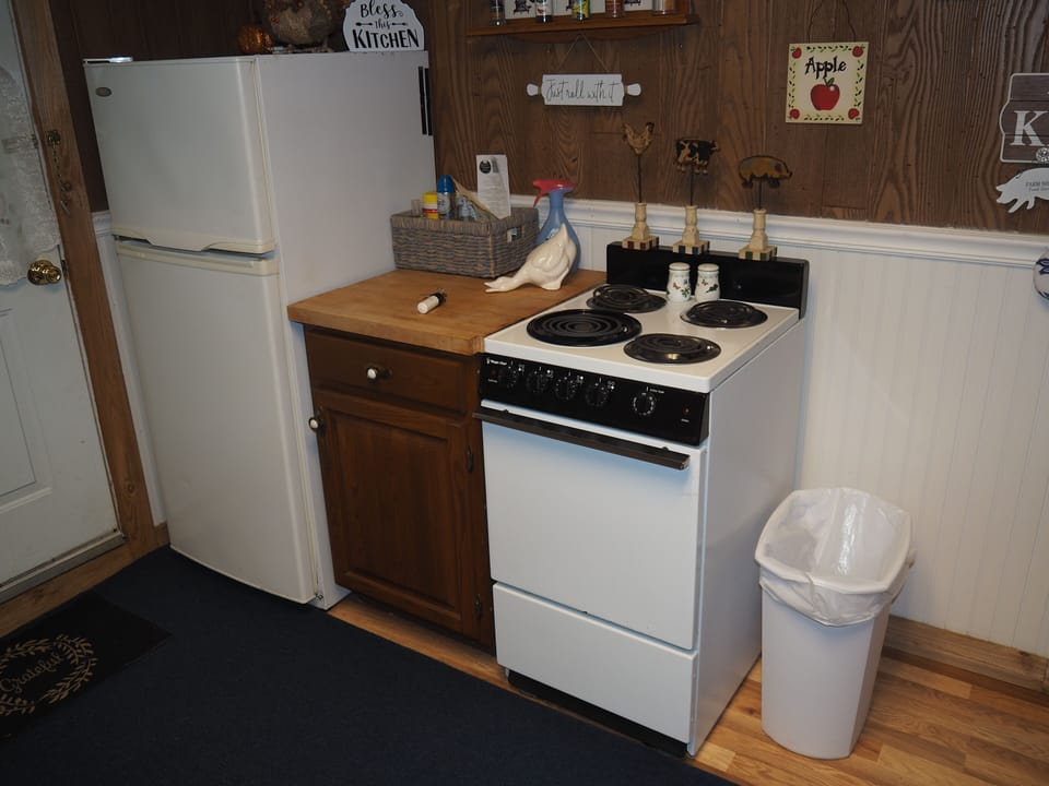 KITCHEN:  Full kitchen including sink, counter, cabinets, refrigerator, electric range and a good supply of cooking and dining utensils.