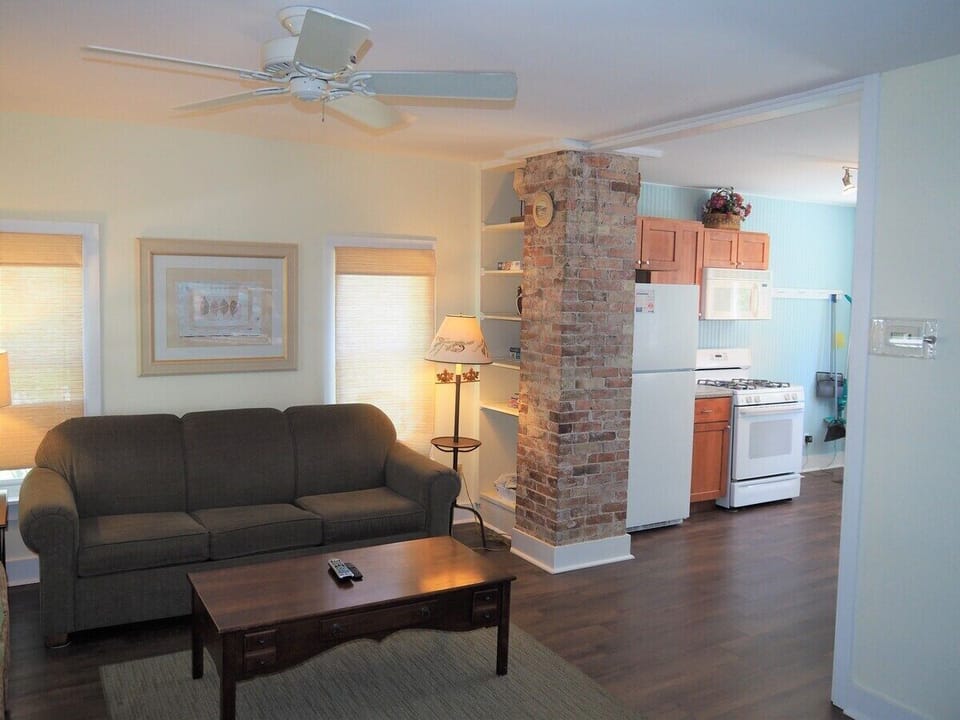 LIVING ROOM: The apartment has a cozy living room with a sofa, chair, ceiling fan, and live streaming television.