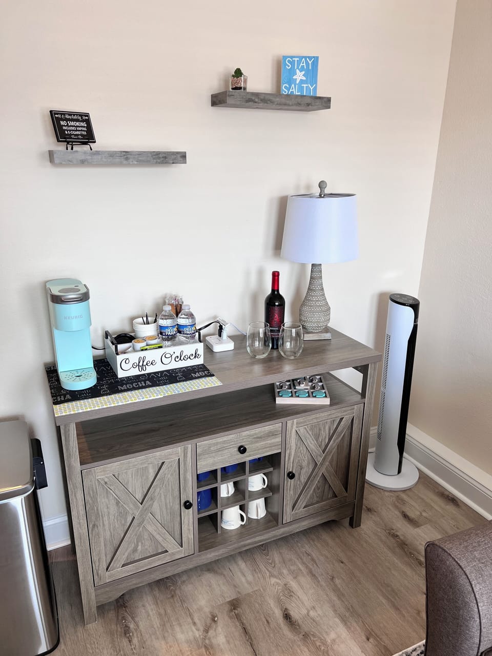 Keurig Coffee bar with kcups, tbags, hot chocolate, water and breakfast bars!
