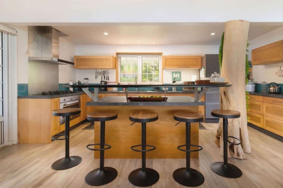 Hallway kitchen layout with modern appliances.