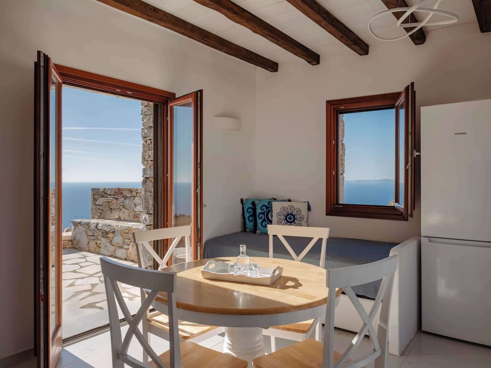 A bright open-plan interior with traditional Cycladic details.