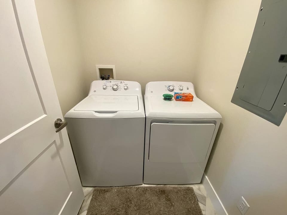 Enjoy fresh laundry with our full-size washer and dryer. Detergent and fabric softener provided.