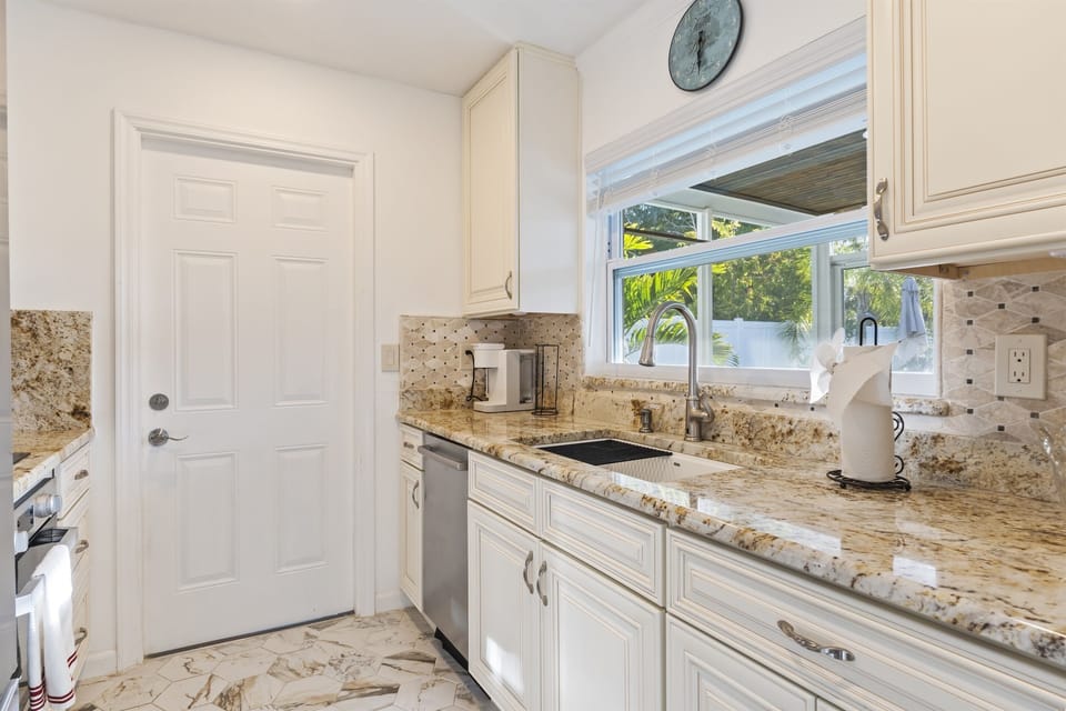 Stone countertops.