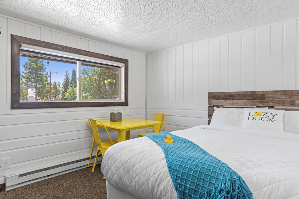 Queen size bed with table