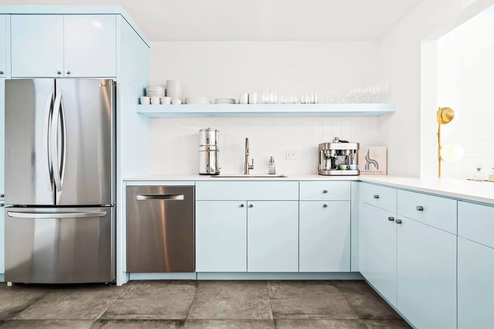Spacious kitchen with quartz counters, stainless-steel appliances. Berkey Filtration System for your use and 5 ways to make coffee: Espressione Coffee + Espresso Maker, Chemex Pour Over,  Nespresso Pixie, Bialetti Moka Pot, & a Stagg Kettle for tea!