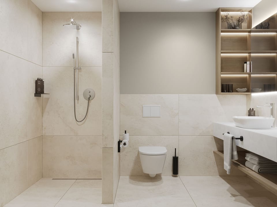 Shower, rainfall showerhead, designer toiletries, hair dryer