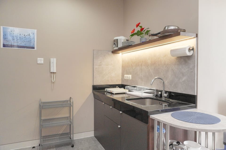 Full-size fridge, stovetop, rice cooker, cookware/dishes/utensils