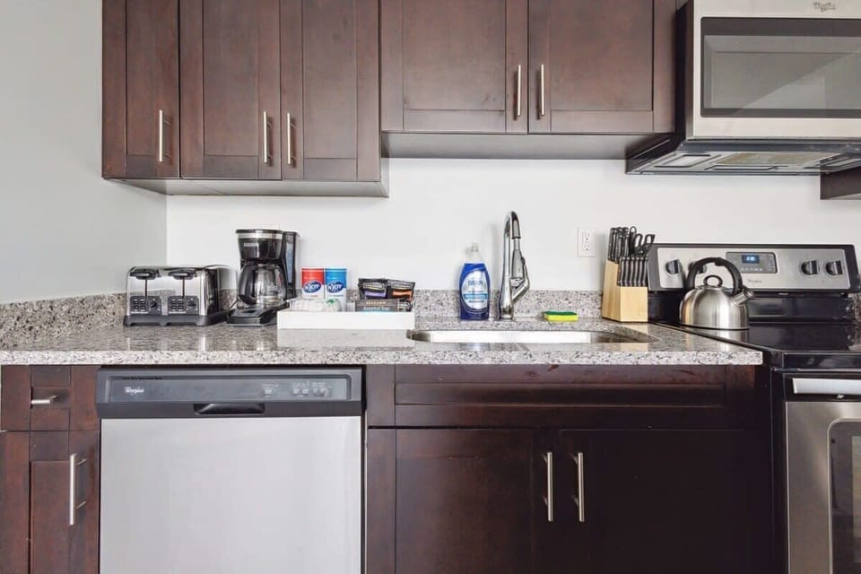 Dark wood accents in a kitchen design