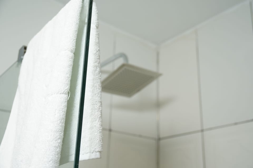 Shower, rainfall showerhead, hair dryer, bathrobes
