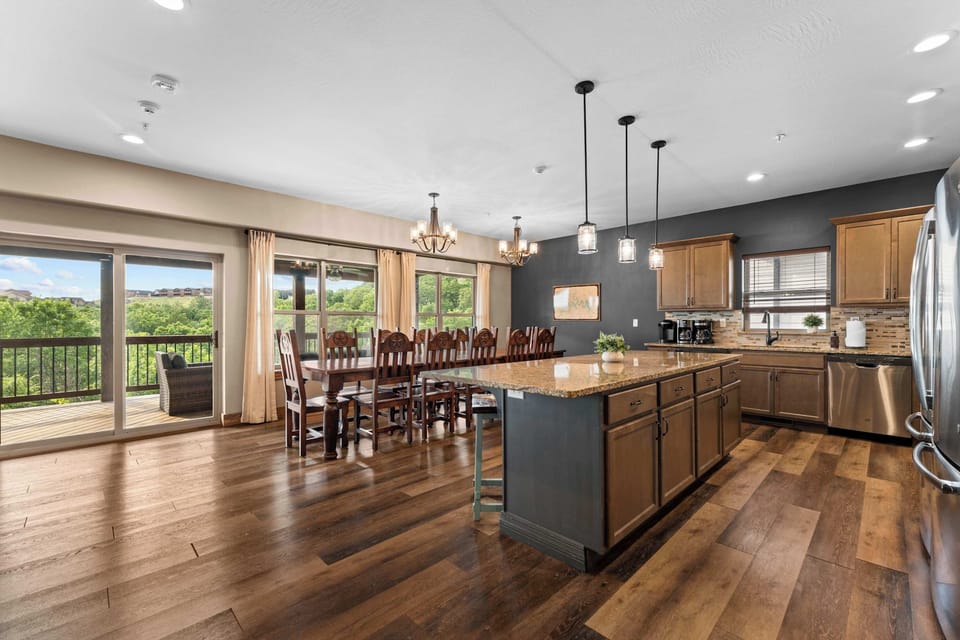 Head down the main hall to the kitchen and dining area!