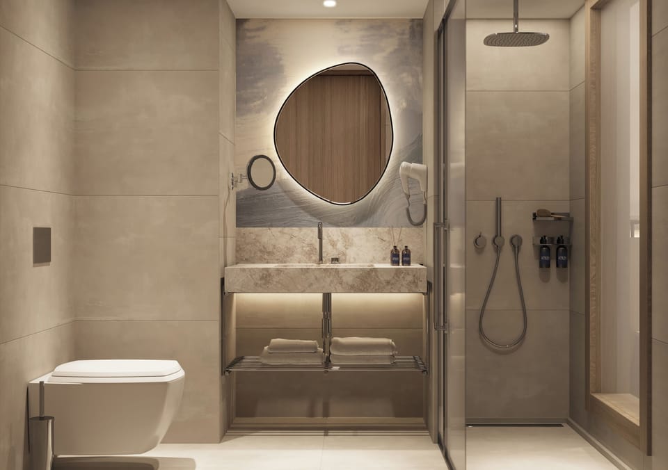Shower, hair dryer, slippers, towels