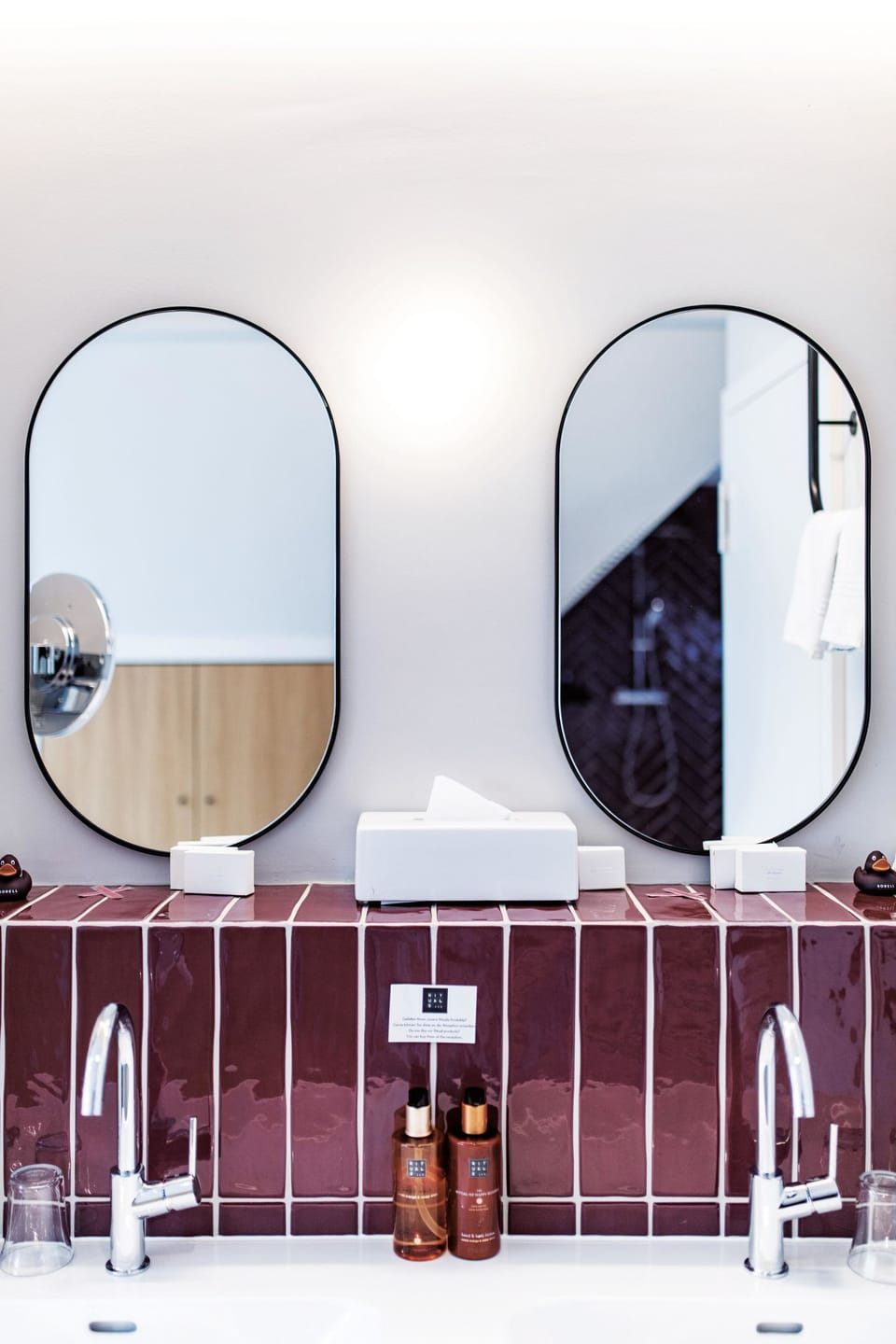 Shower, rainfall showerhead, designer toiletries, hair dryer