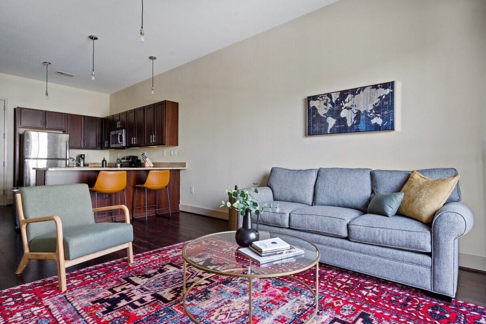 Spacious kitchen and living area.