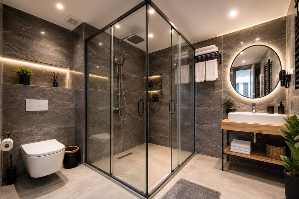 Shower, rainfall showerhead, free toiletries, hair dryer