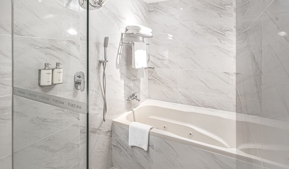 Shower, rainfall showerhead, designer toiletries, hair dryer