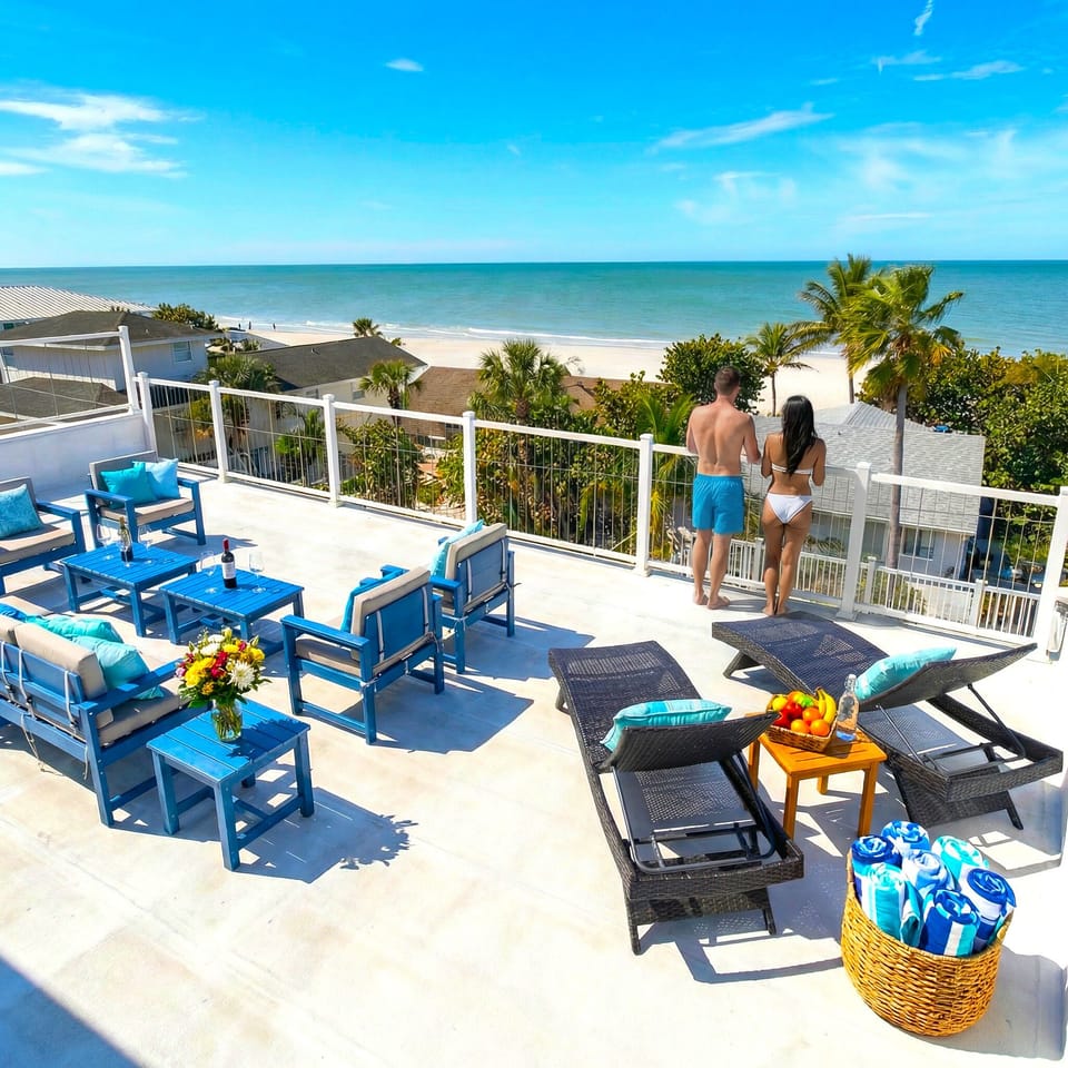 Beach and ocean view private rooftop deck.