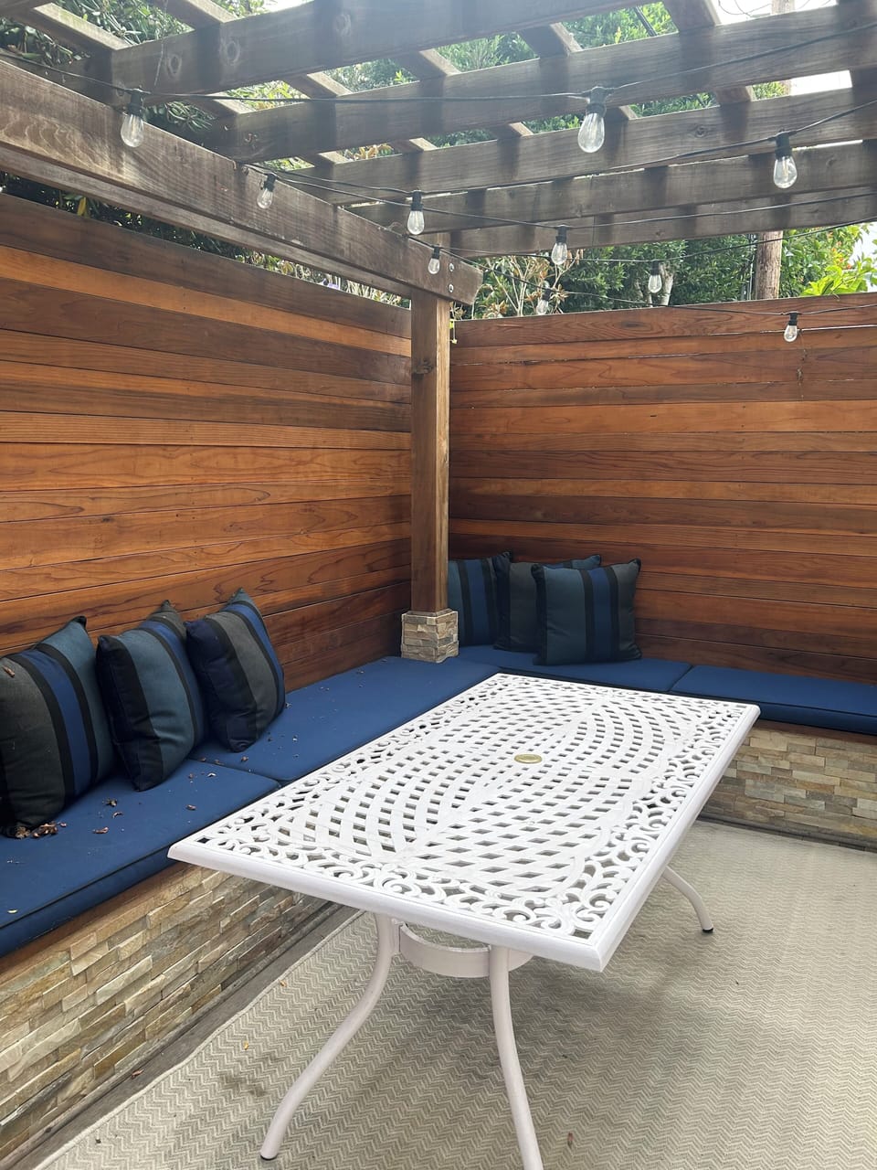 Private backyard patio seating area