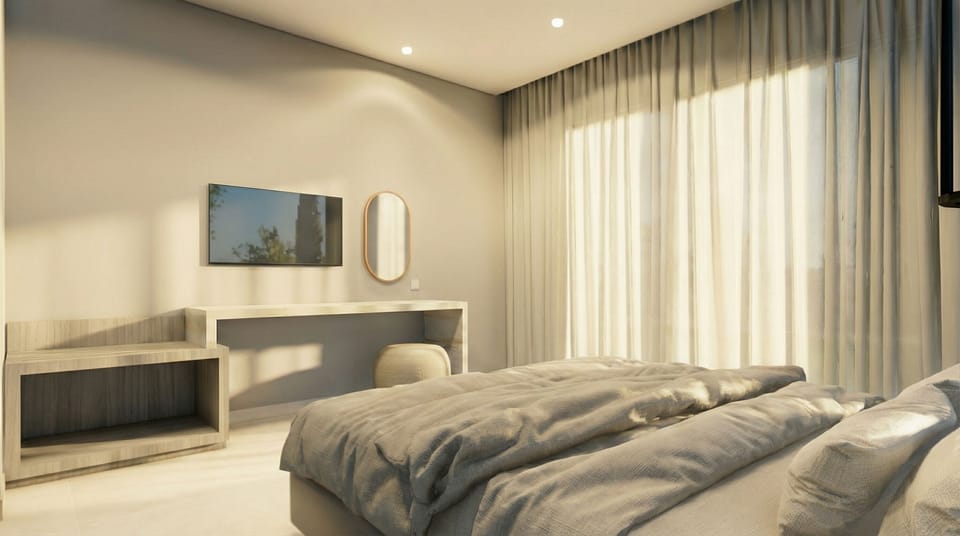 1 bedroom, desk, bed sheets