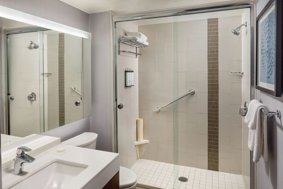 Designer toiletries, hair dryer, towels