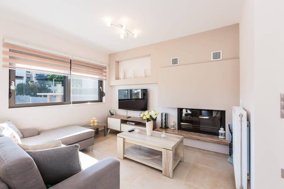 Relaxing Moments on a Comfortable Sofa with TV and Fireplace