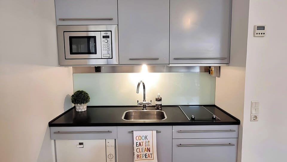 Kitchen with microwave, hob and dishwasher