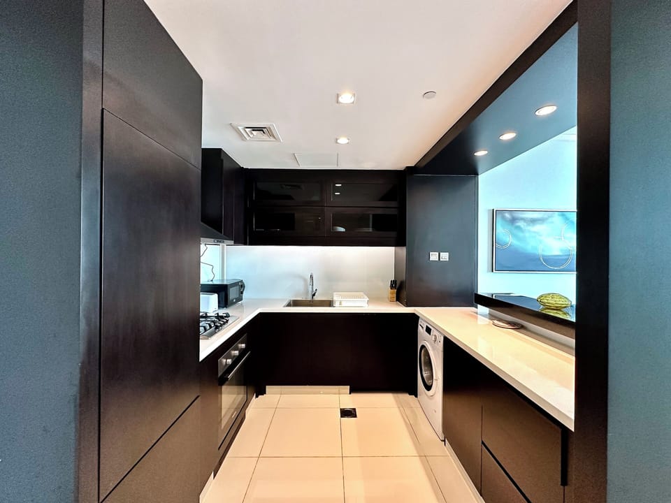 Panoramic Apartment | Private kitchen | Full-size fridge, microwave, oven, stovetop