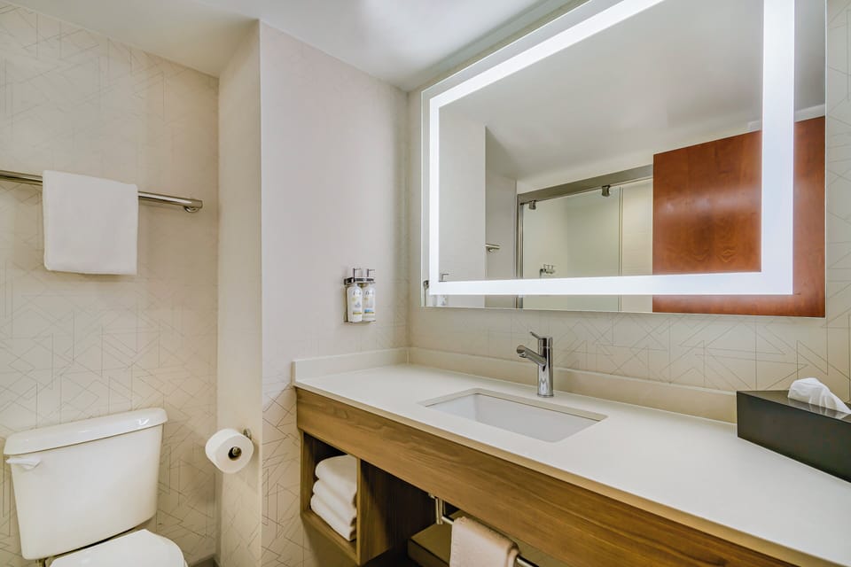 Hair dryer, towels, soap, shampoo