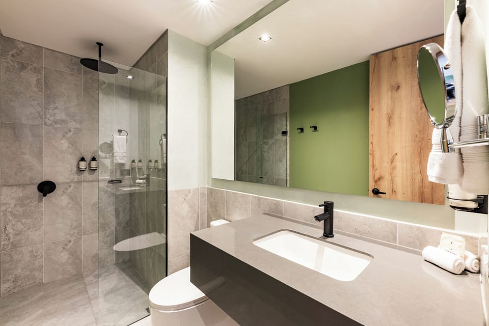 Standard Room, 1 King Bed, Non Smoking | Bathroom | Shower, rainfall showerhead, designer toiletries, hair dryer