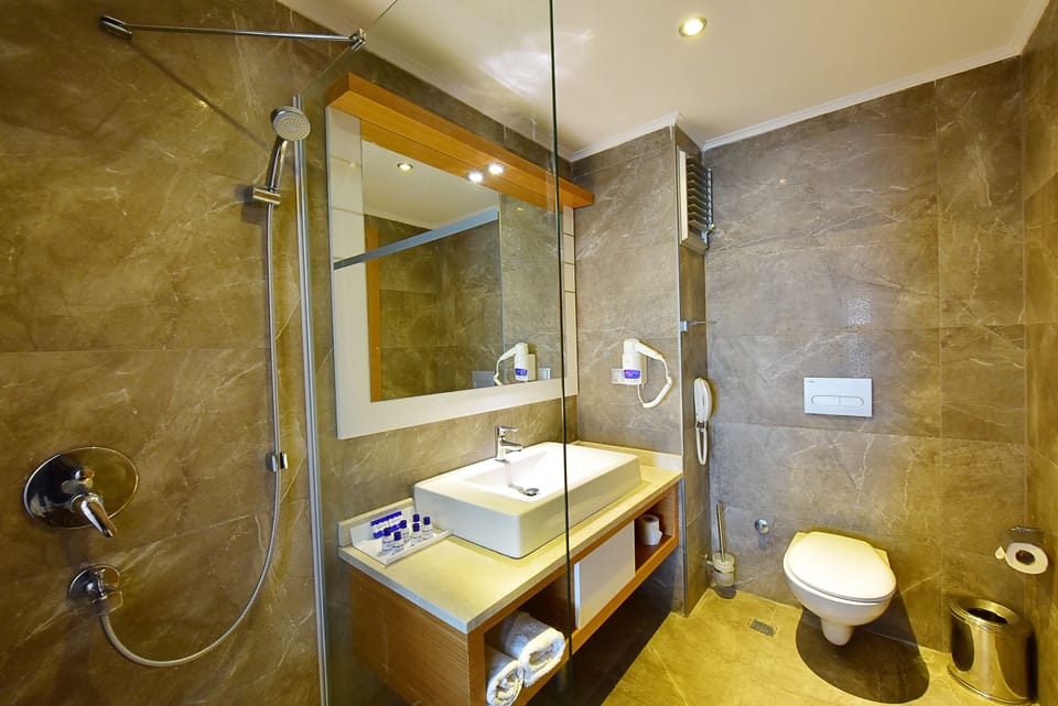 Hair dryer, slippers, towels