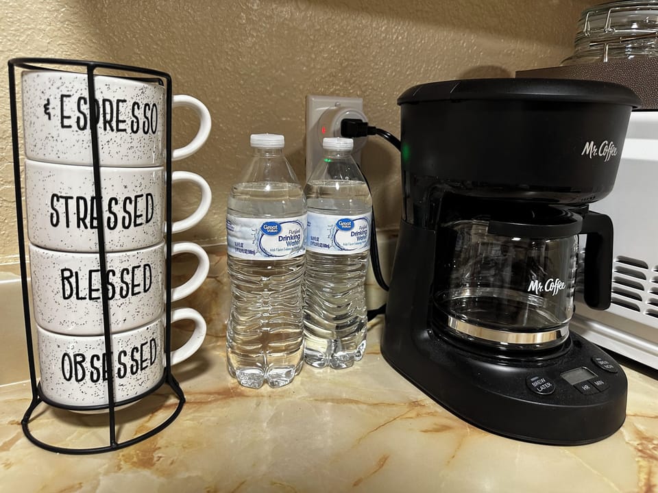 Cups to enjoy your coffee in the mornings and of course some waters to quench that thirst.