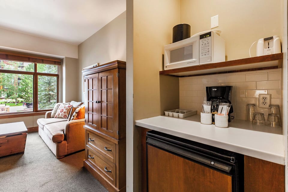 Microwave, Mini Fridge, and Coffee Maker