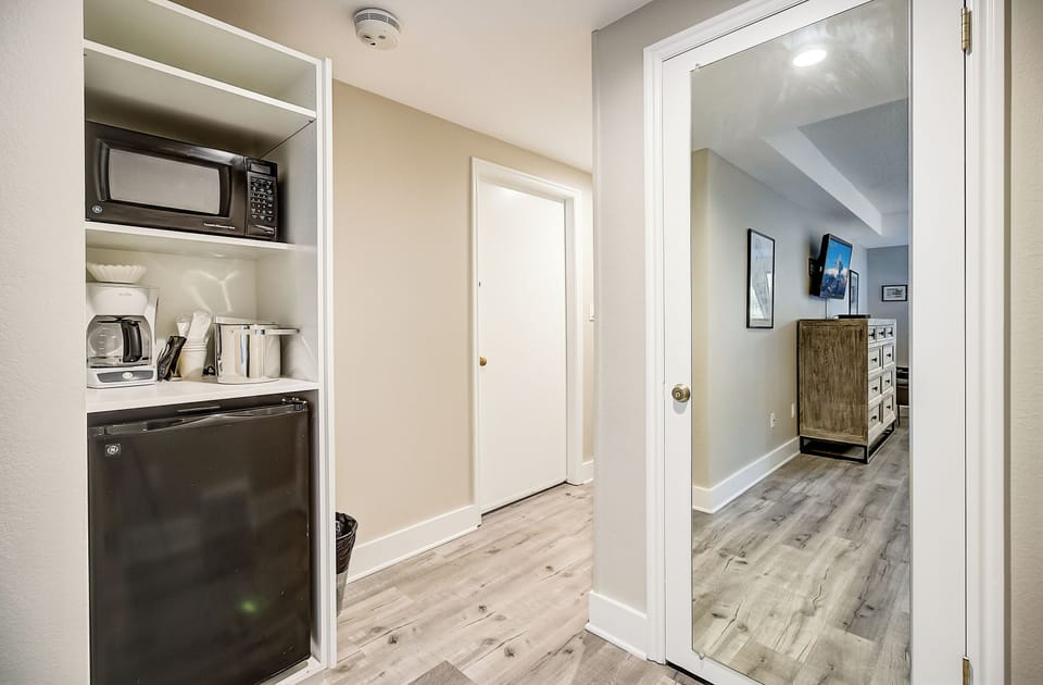 Microwave, Coffee Maker, and Mini Fridge