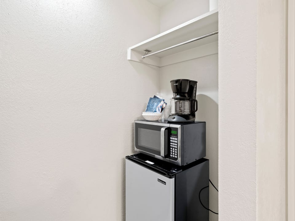 Microwave, Coffee Maker, and Mini Fridge