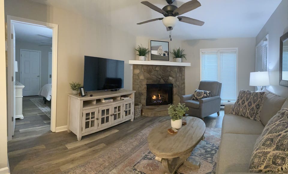 Living room with cozy fireplace.