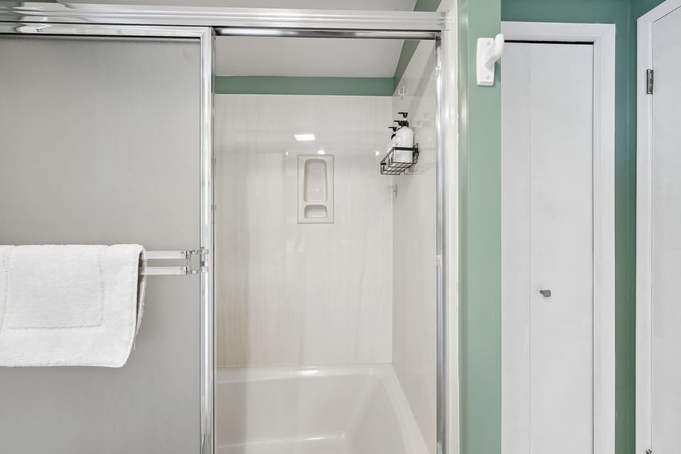 Enjoy 100% plant based eco-frendly soaps, shampoo, conditioner, and body wash. The linen closet doubles as a closet for the Queen bedroom.