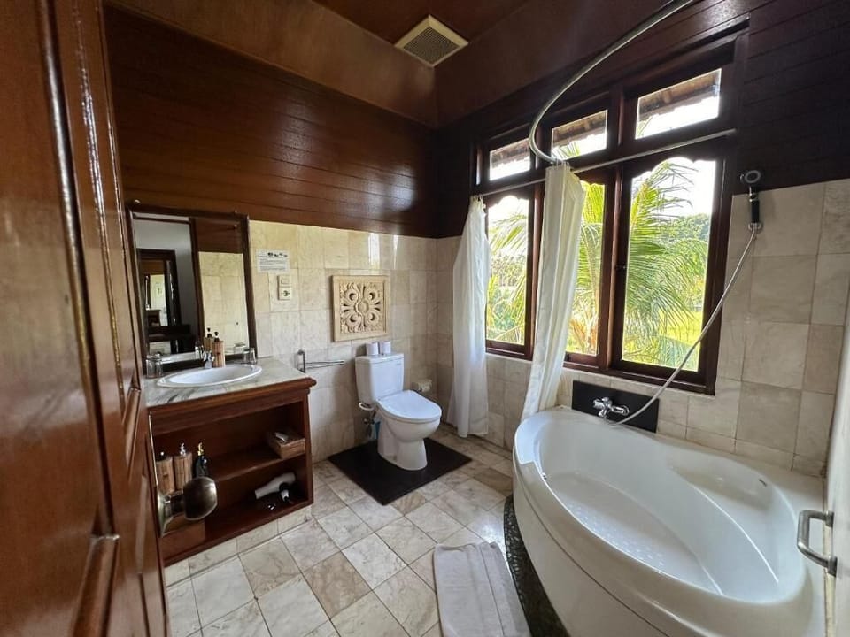 Combined shower/tub, hair dryer, bathrobes, slippers
