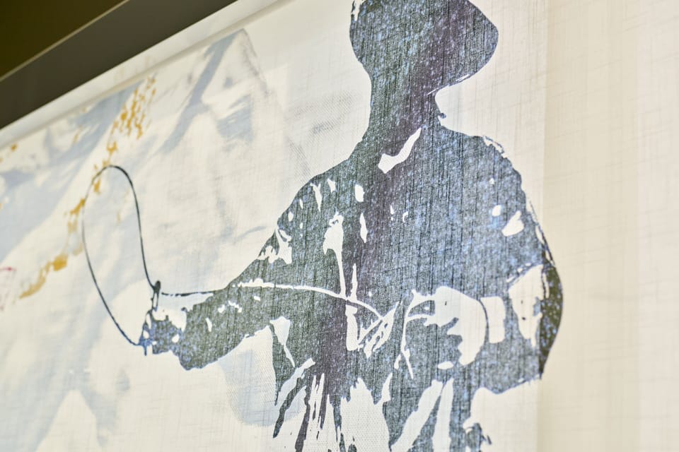 Desk, laptop workspace, blackout drapes, iron/ironing board