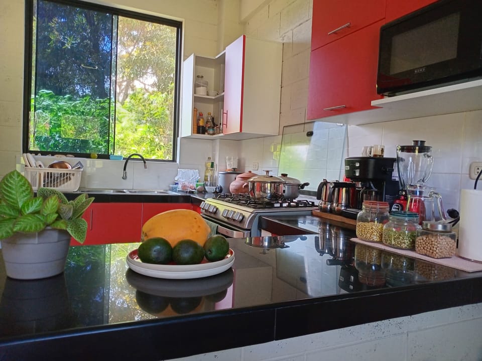 Full-size fridge, microwave, cookware/dishes/utensils