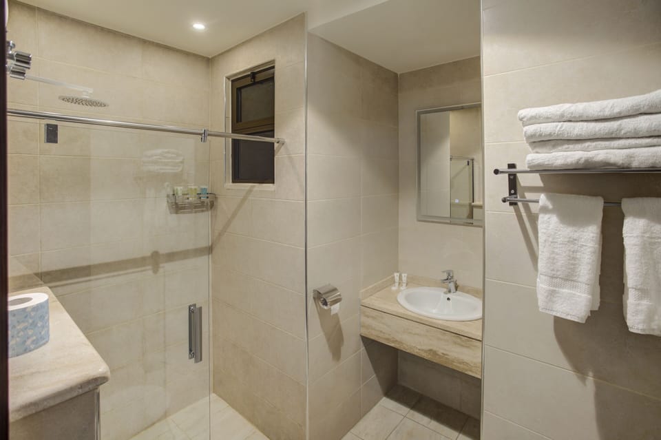 Rainfall showerhead, hair dryer, bathrobes, slippers
