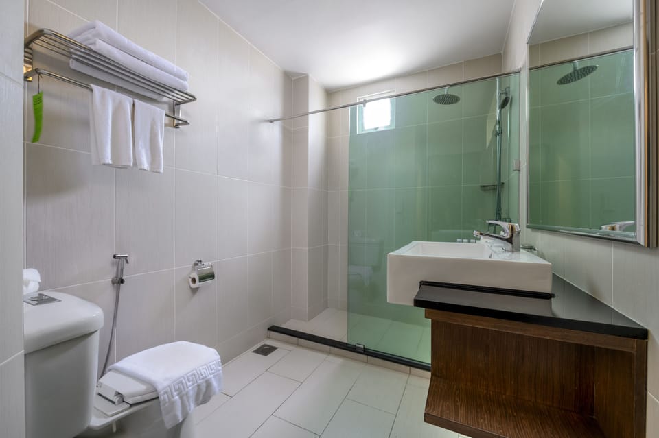 Shower, free toiletries, slippers, bidet