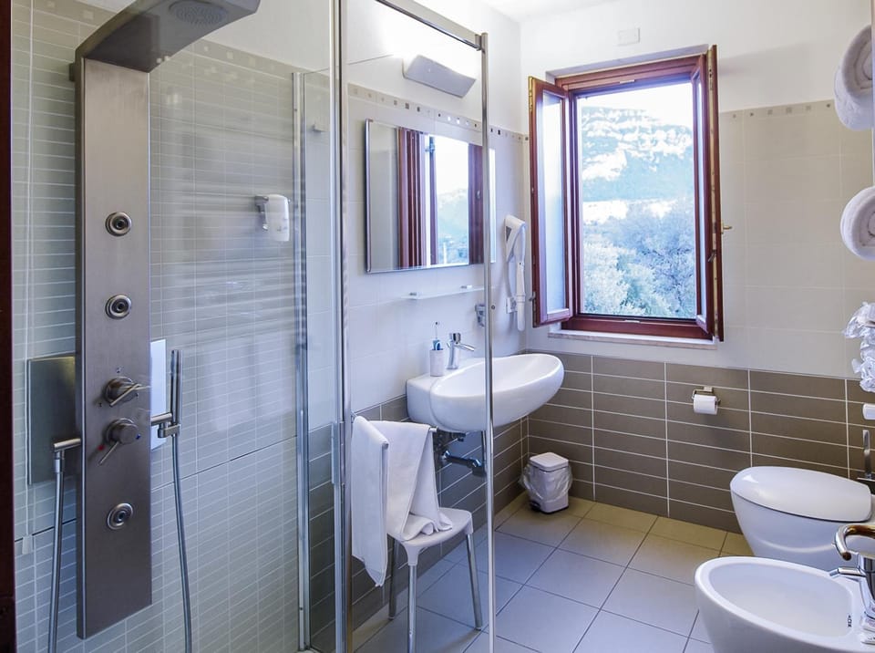 Free toiletries, hair dryer, bidet, towels