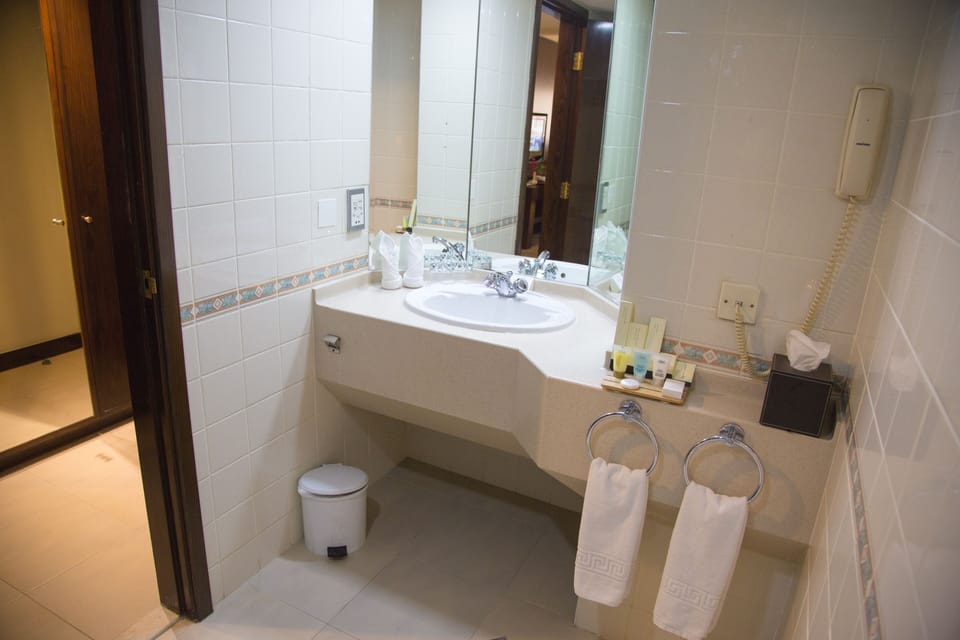 Combined shower/tub, free toiletries, hair dryer, slippers