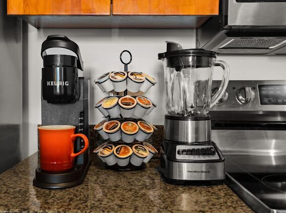 Keurig and coffee pods, electric tea kettle, and herbal tea await your arrival.