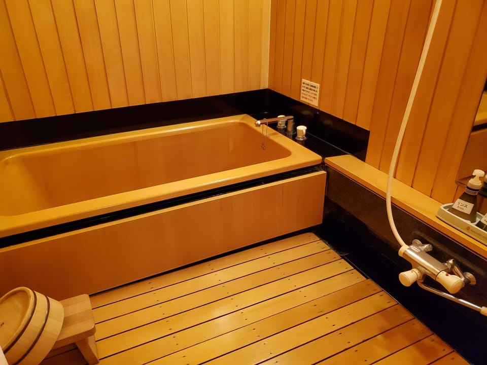 Combined shower/tub, spring water tub, free toiletries
