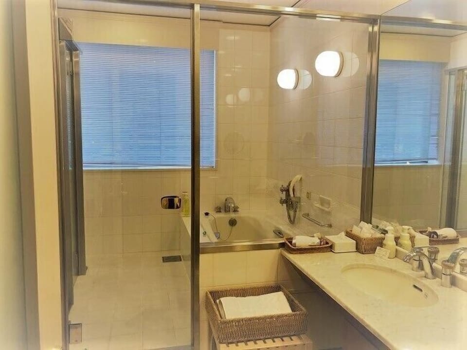 Separate tub and shower, jetted tub, free toiletries, hair dryer