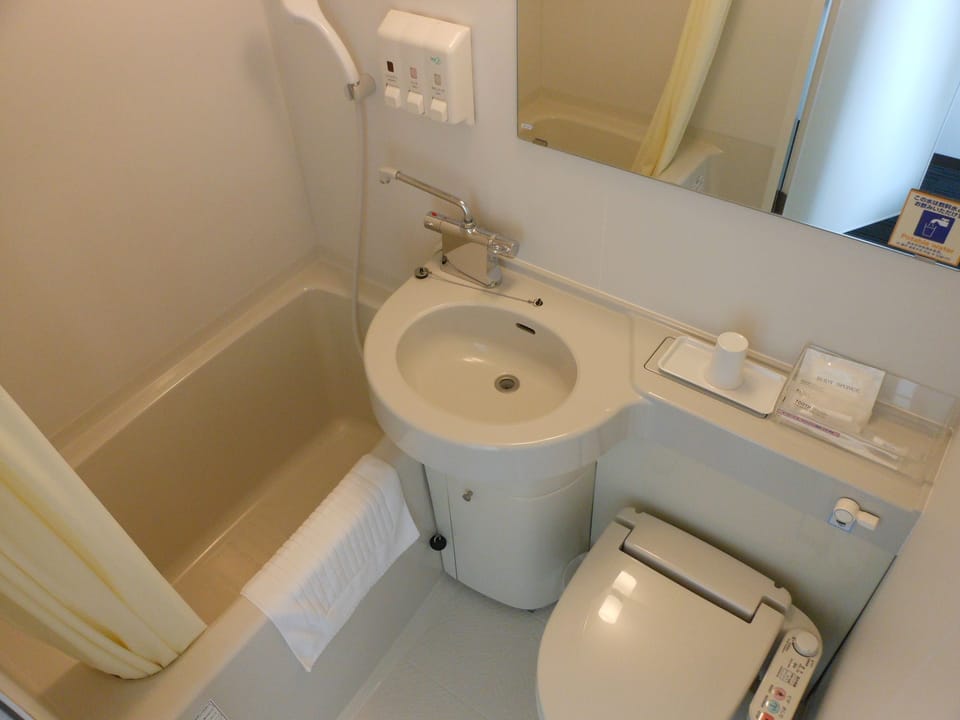 Combined shower/tub, free toiletries, hair dryer, slippers