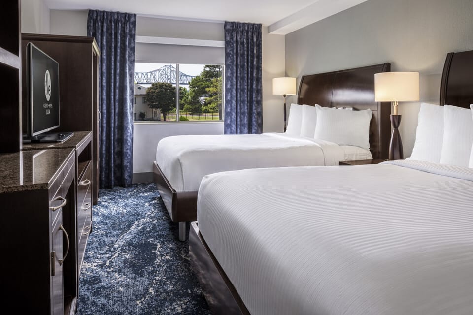 Desk, blackout drapes, bed sheets