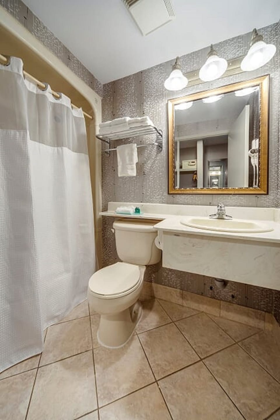 Combined shower/tub, free toiletries, hair dryer, towels